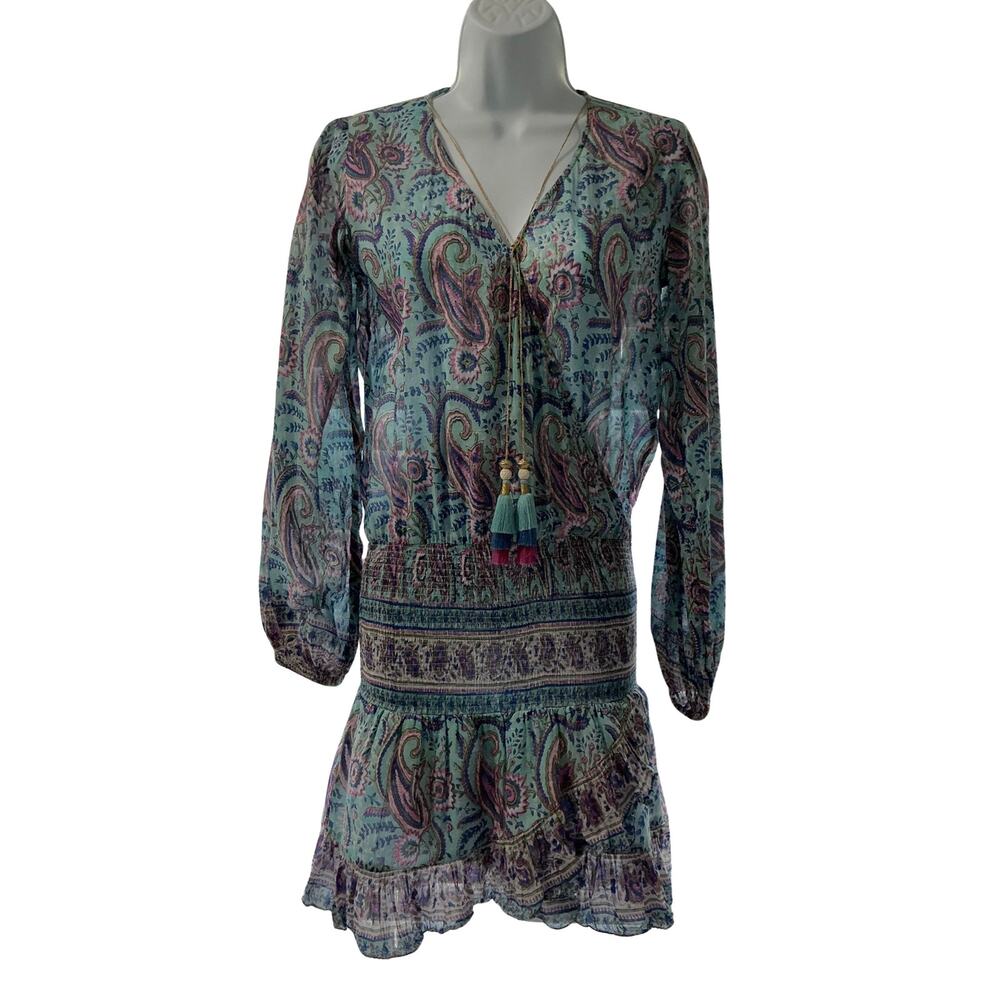 Alicia Bell Evelyn Smocked V Neck Boho Beachy Lotus Resort Mini Dress Size XS